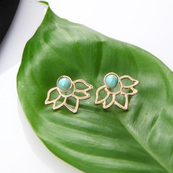 Jewelry - Turquoise + Gold Lotus Flower Ear Jacket Earrings